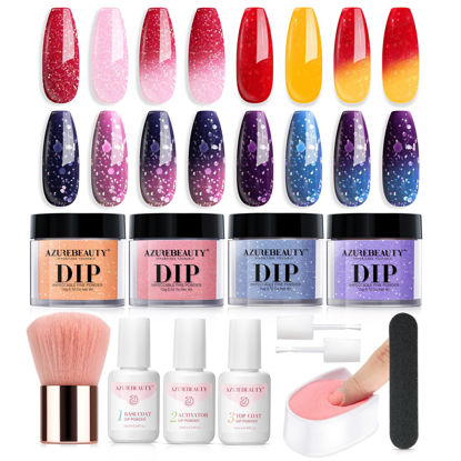 Picture of AZUREBEAUTY Dip Powder Nail Kit, Color Changing Glitter Pink Blue Purple Orange Mood Temperature Dipping Powder Liquid Set with Base Top Coat Activator for Home Manicure Gift