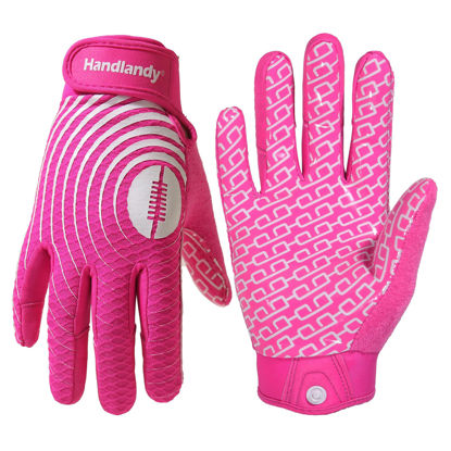 Picture of HANDLANDY Youth Football Gloves, Sticky Wide Receiver Gloves for Kids & Adult, Pink Stretch Fit Football Gloves (Pink and White, X-Small)