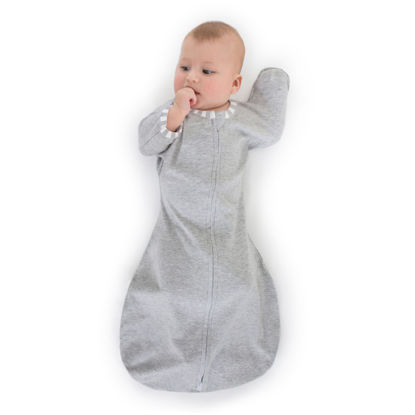 Picture of SwaddleDesigns Transitional Swaddle Sack with Arms Up Half-Length Sleeves and Mitten Cuffs, Heathered Gray with Stripe Trim, Small, 0-3 Mo, 6-14 Lbs (Better Sleep, Easy Swaddle Transition)