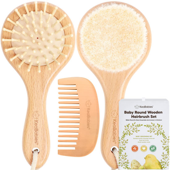 Picture of Baby Hair Brush and Comb Set for Newborn - Wooden Baby Hair Brush Set with Soft Goat Bristle, Baby Brush Set for Newborns, Baby Brush and Comb Set Girl, Boy, Toddler Cradle Cap Brush (Round, Walnut)