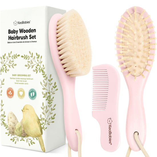 Picture of Baby Hair Brush and Comb Set for Newborn - Wooden Baby Hair Brush Set with Soft Goat Bristle, Baby Brush Set for Newborns, Baby Brush and Comb Set Girl, Boy, Toddler Cradle Cap Brush (Oval, Blush)