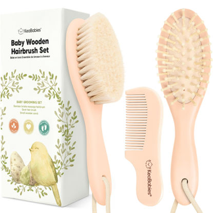 Picture of Baby Hair Brush and Comb Set for Newborn - Wooden Baby Hair Brush Set with Soft Goat Bristle, Baby Brush Set for Newborns, Baby Brush and Comb Set Girl, Boy, Toddler Cradle Cap Brush (Oval, Peach)