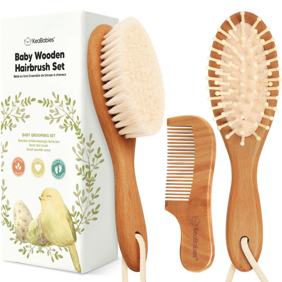 Picture of Baby Hair Brush and Comb Set for Newborn - Wooden Baby Hair Brush Set with Soft Goat Bristle, Baby Brush Set for Newborns, Baby Brush and Comb Set Girl, Boy, Toddler Cradle Cap Brush(Oval, Golden Oak)