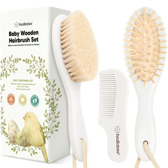 Picture of Baby Hair Brush and Comb Set for Newborn - Wooden Baby Hair Brush Set with Soft Goat Bristle, Baby Brush Set for Newborns, Baby Brush and Comb Set Girl, Boy, Toddler Cradle Cap Brush (Oval, Vanilla)