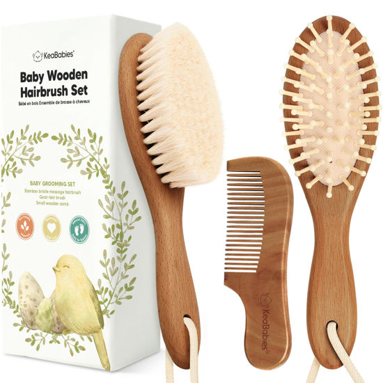 Picture of Baby Hair Brush and Comb Set for Newborn - Wooden Baby Hair Brush Set with Soft Goat Bristle, Baby Brush Set for Newborns,Baby Brush and Comb Set Girl, Boy,Toddler Cradle Cap Brush (Oval, Dark Walnut)