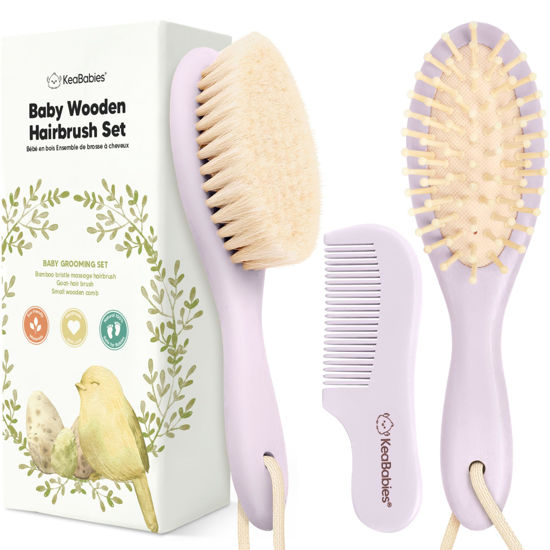 Picture of Baby Hair Brush and Comb Set for Newborn - Wooden Baby Hair Brush Set with Soft Goat Bristle, Baby Brush Set for Newborns, Baby Brush and Comb Set Girl, Boy, Toddler Cradle Cap Brush (Oval, Thistle)