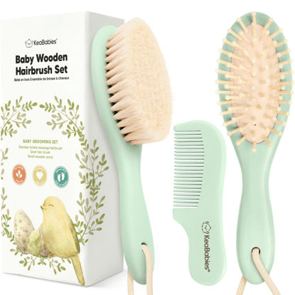 Picture of Baby Hair Brush and Comb Set for Newborn - Wooden Baby Hair Brush Set with Soft Goat Bristle, Baby Brush Set for Newborns, Baby Brush and Comb Set Girl, Boy, Toddler Cradle Cap Brush (Oval, Sage)