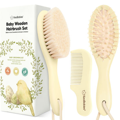 Picture of Baby Hair Brush and Comb Set for Newborn - Wooden Baby Hair Brush Set with Soft Goat Bristle, Baby Brush Set for Newborns, Baby Brush and Comb Set Girl, Boy, Toddler Cradle Cap Brush (Oval, Lemon)