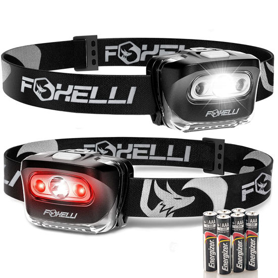 Picture of Foxelli LED Headlamp Flashlight for Adults & Kids, Running, Camping, Hiking Head Lamp with White & Red Light, Lightweight Waterproof Headlight with Comfortable Headband, 3 AAA Batteries Included