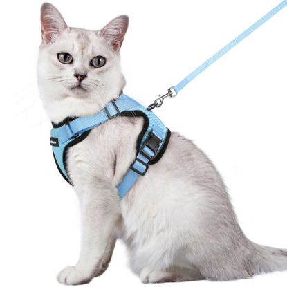 Picture of rabbitgoo Cat Harness and Leash for Walking, Escape Proof Soft Adjustable Vest Harnesses for Cats, Easy Control Breathable Reflective Strips Jacket, Light Blue,M