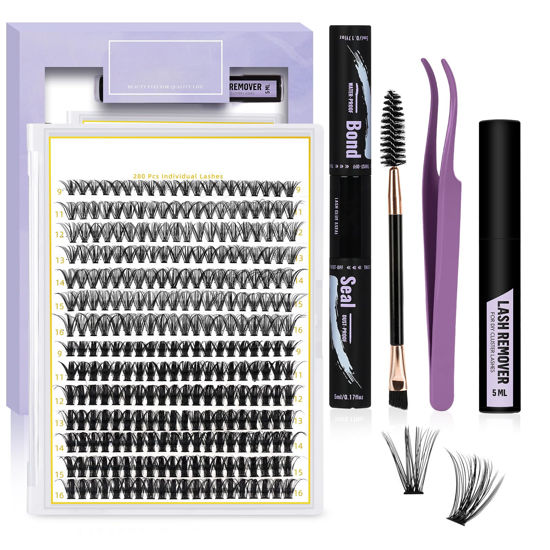 Picture of DIY Lash Extension Kit 280 PCS Individual Eyelash Extension Kit 0.07D 9-16MIX 30D 50D Cluster Lashes Kit Lash Glue Remover and Applicators for Eyelash (Kit-30D50D-0.07D,9-16MIX)