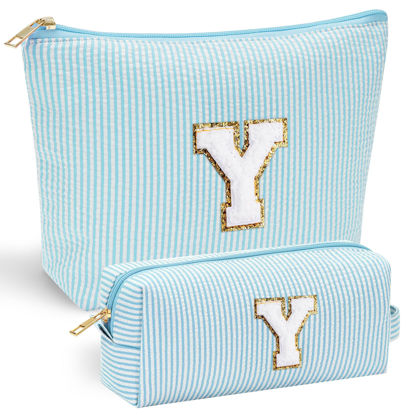 Picture of YOOLIFE Travel Makeup Bag Cosmetic Bag - Make Up Bag with Makeup Brush Bag Monogram Makeup Pouch Bag 2 Pieces Cute Makeup Bag Personalized Gifts Best Friend Birthday Gifts for Women Letter Y