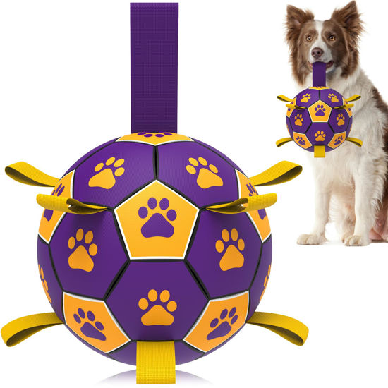 Picture of QDAN Dog Ropes Toys Soccer Ball with Straps, Interactive Dog Toys for Tug of War, Puppy Birthday Gifts, Dog Tug Toy, Dog Water Toy, Durable Dog Balls for Medium & Large Dogs-Purple&Gold（8 Inch）