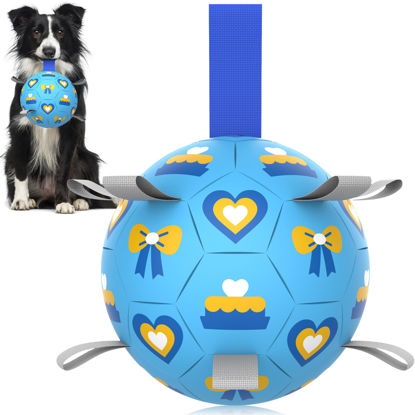 Picture of QDAN Dog Toys Soccer Ball with Straps - Durable Dog Balls for Large Dogs, Beach Pool Dog Water Toy, Dog Tug Toys for Tug of War, Puppy Dog Birthday Gifts Blue (8 Inch)