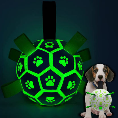 Picture of QDAN Glow in The Dark Dog Toys Soccer Ball with Straps, Outdoor Interactive Dog Toys Puppy Birthday Gifts, Dog Tug Water Toy, Light Up Dog Balls for Small & Medium Dogs（6 Inch Size 2）