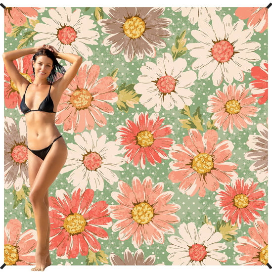 Picture of BYDOLL Beach Blanket Flower 78''×81''1-5 Adults Waterproof Sandproof Oversized Lightweight Beach Blanket Large Picnic Mat Beach Blanket for Travel Camping Hiking Picnic