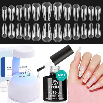 Picture of Beetles Gel Nail Kit Easy Nail Extension Set With Etch X Nail Tips 504Pcs Half Matte Medium Coffin Shaped Tips 5 in 1 Nail Glue Base Gel and Innovative Led Lamp Diy Art at Home Nail Kit