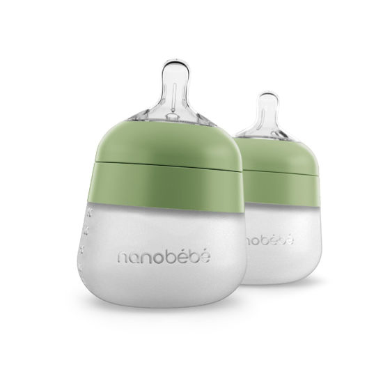 Picture of Nanobébé Flexy Silicone Baby Bottle, Anti-Colic, Natural Feel, Non-Collapsing Nipple, Non-Tip Stable Base, Easy to Clean 2-Pack, Sage, 5 oz