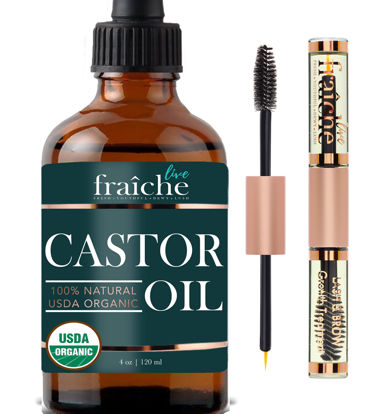 Picture of Live Fraiche Organic Castor Oil (4oz) + Filled Mascara Tube, 100% USDA Pure, Cold Pressed, Hexane Free Lash Serum Hair Growth Oil for Eyelashes, Eyebrows, Hair - Brow and Hair Treatment Oil