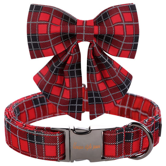 Picture of Unique style paws Christmas Dog Collar with Tie Red Black Grid Cotton Collar Adjustable Puppy Plaid Collar for Small Medium Large Dogs-M