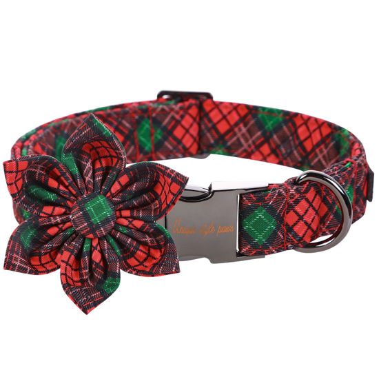 Picture of Unique style paws Christmas Dog Collar with Flower Tie Red Green Plaid Adjustable Cotton Puppy Collar for Small Medium Large Dogs-L