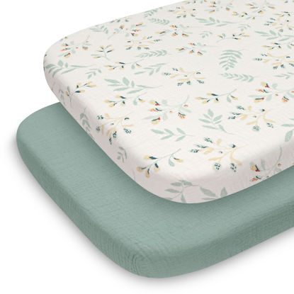 Picture of Blissful Diary Muslin Bassinet Sheets for Baby Girls Boys, Boho Soft Cotton Fitted for Oval Hourglass Rectangle Mattress, 2 Pack(Roman Green&Leaf)