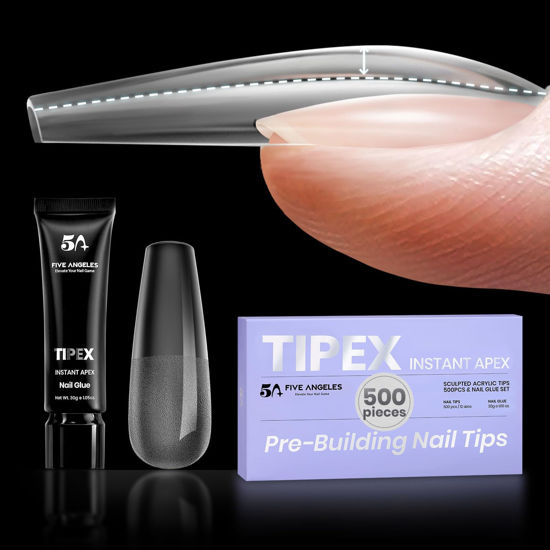 Picture of Five Angeles Tipex Instant Apex Gel Nail Tips Kit,500 Pieces Acrylic Full Cover Long Coffin Hard Nail Tips,Pre-etched Sculpted Press On Nail Tips+ 30g/1.05oz UV Nail Glue,Thicken Nails for Flat Nails