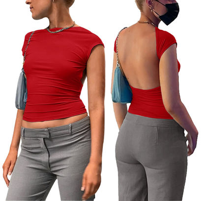 Picture of ForeFair Women Sexy Backless Short Sleeve Slim Fit Crewneck Summer Casual Y2K Crop Tee（Red,XS）