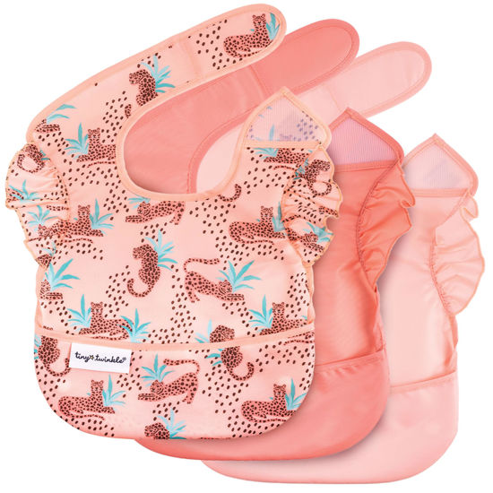 Picture of Tiny Twinkle Mess-Proof Baby Bib - Waterproof Bib for Baby Girl - Machine Washable - Adjustable Closure - PVC, BPA, & Phthalate Free - Great for Travel - Baby Food Bibs (3 Pack, Leopard Set)