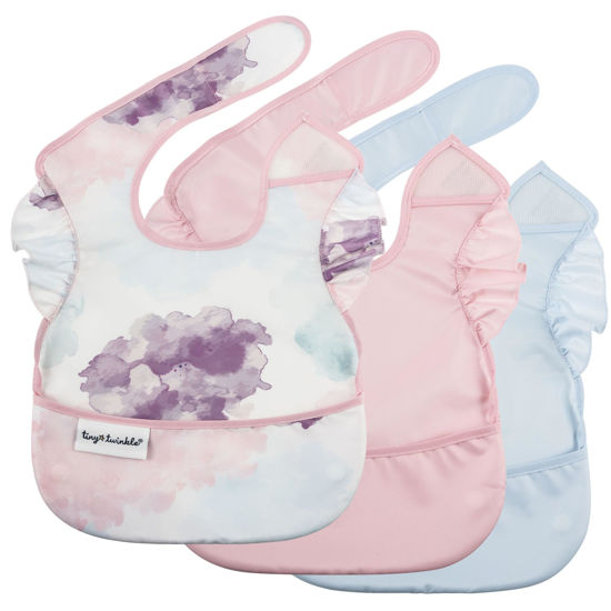 Picture of Tiny Twinkle Mess-Proof Baby Bib - Waterproof Bib for Baby Girl - Machine Washable - Adjustable Closure - PVC, BPA, & Phthalate Free - Great for Travel - Baby Food Bibs (3 Pack, Cotton Candy)