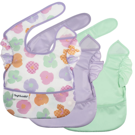 Picture of Tiny Twinkle Mess-Proof Baby Bib - Waterproof Bib for Baby Girl - Machine Washable - Adjustable Closure - PVC, BPA, & Phthalate Free - Great for Travel - Baby Food Bibs (3 Pack, Floral Pop)