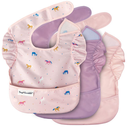 Picture of Tiny Twinkle Mess-Proof Baby Bib - Waterproof Bib for Baby Girl - Machine Washable - Adjustable Closure - PVC, BPA, & Phthalate Free - Great for Travel - Baby Food Bibs (3 Pack, Unicorn Set)