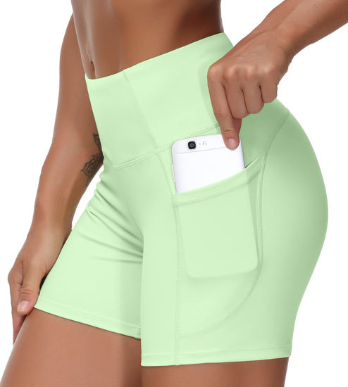 Picture of THE GYM PEOPLE High Waist Yoga Shorts for Women's Tummy Control Fitness Athletic Workout Running Shorts with Deep Pockets(Small, Pale Green)