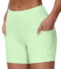 Picture of THE GYM PEOPLE High Waist Yoga Shorts for Women's Tummy Control Fitness Athletic Workout Running Shorts with Deep Pockets(Small, Pale Green)