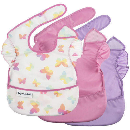 Picture of Tiny Twinkle Mess-Proof Baby Bib - Waterproof Bib for Baby Girl - Machine Washable - Adjustable Closure - PVC, BPA, & Phthalate Free - Great for Travel - Baby Food Bibs (3 Pack, Butterfly)