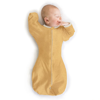 Picture of SwaddleDesigns Transitional Swaddle Sack with Arms Up Half-Length Sleeves and Mitten Cuffs, Heathered Gold with Polka Dot Trim, Medium, 3-6 Mo, 14-21 lbs (Better Sleep, Easy Swaddle Transition)