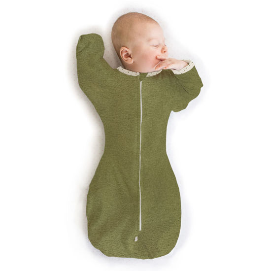 Picture of SwaddleDesigns Transitional Swaddle Sack with Arms Up Half-Length Sleeves and Mitten Cuffs, Heathered Green Turtle with Polka Dot Trim, Small, 0-3 Mo, 6-14 lbs (Better Sleep, Easy Swaddle Transition)