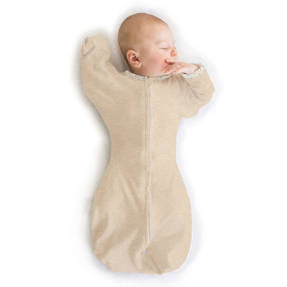 Picture of SwaddleDesigns Transitional Swaddle Sack with Arms Up Half-Length Sleeves and Mitten Cuffs, Heathered Oatmeal with Polka Dot Trim, Medium, 3-6 Mo, 14-21 lbs (Better Sleep, Easy Swaddle Transition)