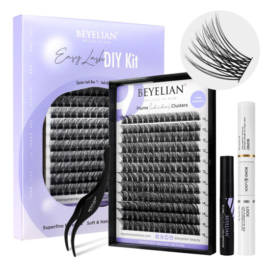 Picture of BEYELIAN Lash Extension Kit Cluster Lashes Kit with 168 Pcs Lash Clusters, Clusters Eyelash Applicator Tool, Cluster Lashes Bond and Seal Super Hold, Clusters Lash Glue Remover Easy to Apply at Home