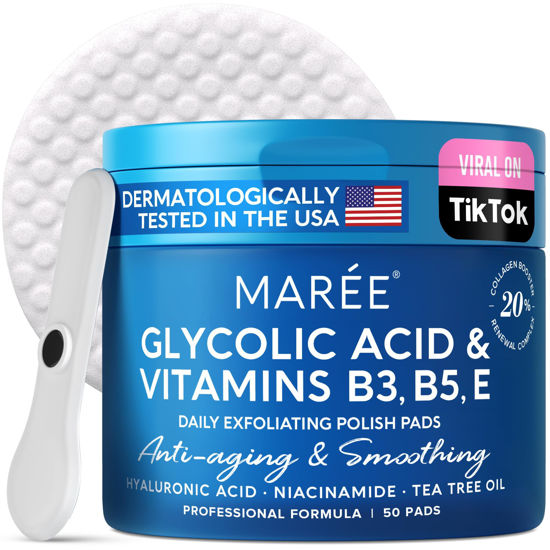 Picture of MAREE Facial Polish - Glycolic Acid Peel Pads for Face With Tea Tree Oil - Exfoliating Polish with Salicylic Acid & Vitamins E, B3, B5 - Face Pads with Skin Peeling & Deep Cleaning Effect - 50 Pads