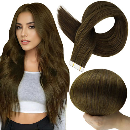 Picture of Full Shine Tape in Hair Extensions Seamless Tape in Extensions Color 3 Brown Human Hair Extensions Tape in 10 Inch Short Tape in Extensions 30Gram 20Pcs Soft Hair for Women Add Volume Natural Hair