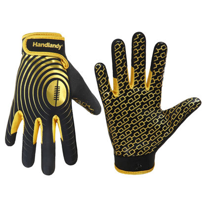 Picture of HANDLANDY Youth Football Gloves, Sticky Wide Receiver Gloves for Kids & Adult, White and Gold Stretch Fit Football Gloves (Black and Gold, XX-Large)