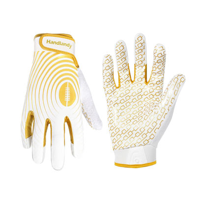 Picture of HANDLANDY Youth Football Gloves, Sticky Wide Receiver Gloves for Kids & Adult, White and Gold Stretch Fit Football Gloves (Small)