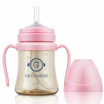 Picture of GROSMIMI Spill Proof no Spill Magic Sippy Cup with Straw with Handle for Baby and Toddlers, Customizable, PPSU, BPA Free 6 oz (Pink)