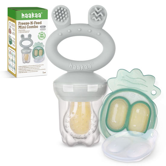 Picture of Haakaa Baby Fruit Food Feeder & Mini Freezer Nibble Tray Combo, Breastmilk Popsicle Molds for Baby Cooling Relief, BPA Free Silicone Feeder for Safe Infant Self Feeding, 4 Month+ (Slate Grey)