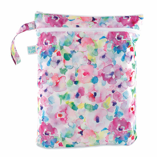 Picture of Bumkins Waterproof Wet Dry Bag for Baby, Travel, Swim Suit, Cloth Diapers, Pump Parts, Pool, Gym Clothes, Toiletry, Strap to Stroller, Daycare, Zip Reusable Bag, Packing Pouch, Watercolors Floral