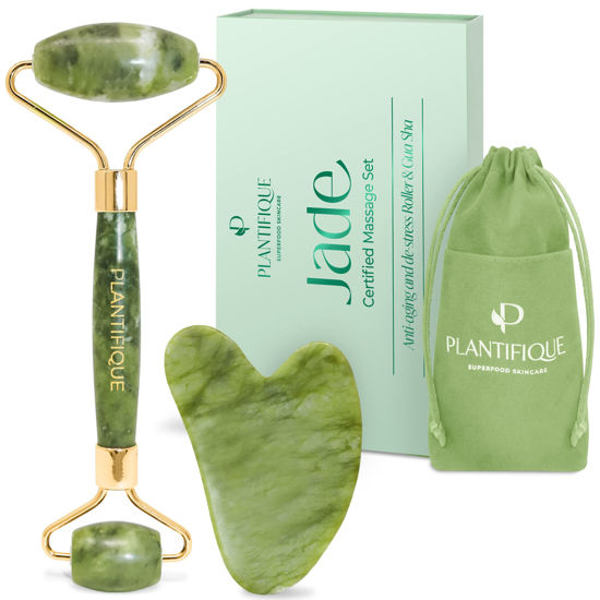 Picture of PLANTIFIQUE Jade Roller for Face and Gua Sha Facial Tools - Includes Real Jade Roller and Gua Sha Set - Certified Face Roller and GuaSha for Your Skincare Routine