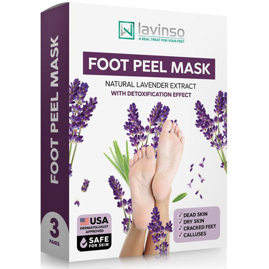 Picture of Lavinso Lavender Foot Exfoliator Peeling Mask for Dry Cracked Feet - 3 Pack - Remove Dead Skin and Callus - Foot Peel Mask for Baby Soft Feet