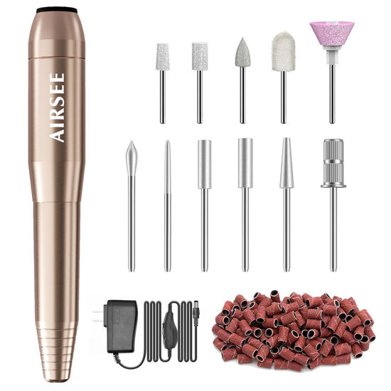 Picture of AIRSEE N24 Portable Electric Nail Drill Professional Efile Nail Drill Kit for Acrylic, Gel Nails, Manicure Pedicure Polishing Shape Tools with 11Pcs Nail Drill Bits and 56 Sanding Bands Gold