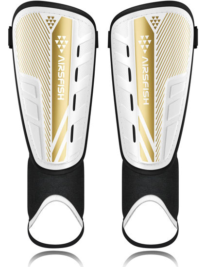 Picture of Upgraded Soccer Shin Guards for Kids Youth Adults, CE Certified AirsFish Shin Guard Sleeves Protection Gear for Boys Girls Soccer Games EVA Cushion Reduce Shocks and Injuries (Small, White+Gold)